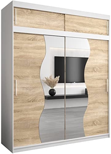 KRYSPOL Schwebetürenschrank Madryt 200 cm mit Spiegel Kleiderschrank mit Kleiderstange und Einlegeboden Schlafzimmer- Wohnzimmerschrank Schiebetüren Modern Design (Weiß + Sonoma mit Erweiterung)