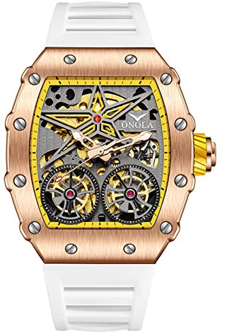 FORSINING Montre pour homme en forme de tonneau squelette mécanique automatique grand cadran tendance Business Dress Montres bracelet en silicone, Jaune blanc, Sangle