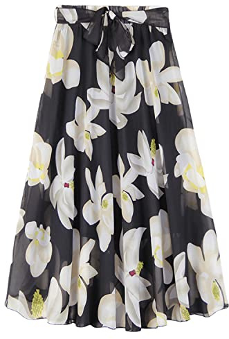 Runstarshow Damen-Midirock mit Blumenmuster, Plissee-Rock, elastische Taille, Chiffonröcke, fließender Rock, Vintage-Sommerröcke für Damen, Übergröße, hohe Taille mit Futter, Gürtel, Größe 36-52,