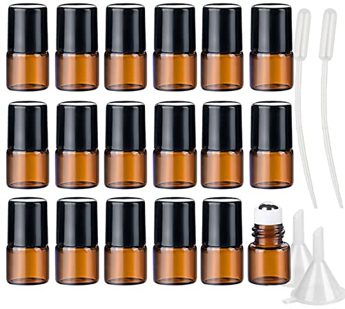 ZEOABSY 25 Pack Empty 1ml Mini Amber Brown Glass Roll on Bottles Refillable Stainless Steel Roller Ball Essential Oil Liquid Bottle Cosmetic Sample Vials Container with Black Cap