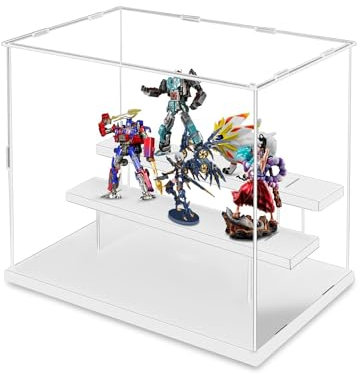 QEEYON Acryl Vitrine Schaukasten 36.5x26x21.5cm Große Acryl Display Case/Display Box für Lego mit Weiss Display Ständer Transparente Aufbewahrungsbox für Action Figuren