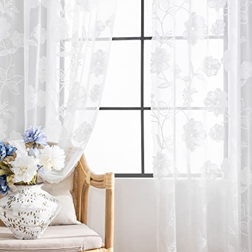 White Lace Sheer Curtains 54inch Rose Knitted Floral Vintage Lace Embroidered Curtains for Living Room Bedroom Window Privacy Country Chic Retro Leaf Semi Sheer Drapes Pencil Pleat 52W 2 Drapes