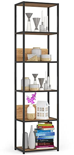 AKORD Industrielles Regal 50 cm | | Loft Bücherregal | Moderner Schrank | Bücher Regal | 6 Einlegeböden | Funktional Stabil | B50 x H192 x T32 cm | Gewicht 19,70 kg | Schwarz/Craft Eiche