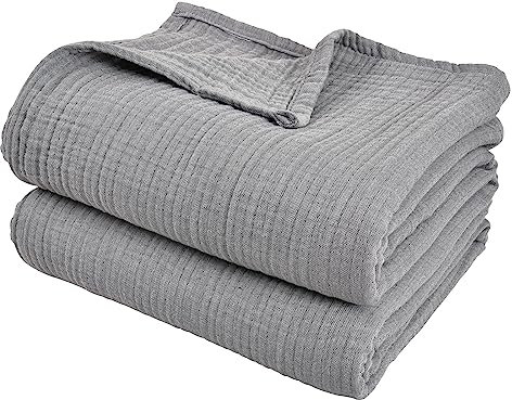 PHF 100% Baumwolle Musselin Decke 130x150cm, 4-lagige weiche hautfreundliche & atmungsaktive Tagesdecke, Ganzjahres-Komfort Grey Sofaüberwurf Couchdecke für Bett Sofa, Grau