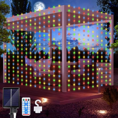 Micacorn Solar Fairy String Lights Christmas Lights Solar Curtain Light 3Mx3M 300 LEDs Waterproof Light 8 Modes Waterfall String Lights with Remote for Outdoor Wedding Party Christmas Decorations