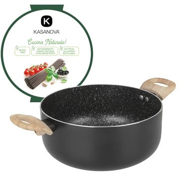 KASANOVA, Casseruola Antiaderente Black Stone di Kasanova, Antiaderente, Leggera, Adatta a Induzione, Design Elegante con Manici Effetto Legno (24 cm)
