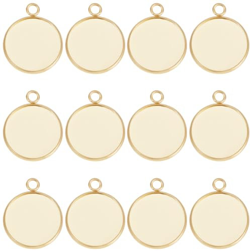 Beebeecraft 1 Box 40 Stück 20 Mm Cabochon Fassungs Charms Aus 24K Vergoldetem Edelstahl Mit Glattem Rand Und Lünettenbechern Flacher Runder Rückseiten Charm Für DIY Schmuckherstellung