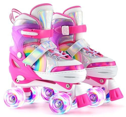 SULIFEEL Rainbow Unicorn Verstellbare Rollschuhe für Kinder mit Leuchtenden Rädern für Mädchen und Jungen