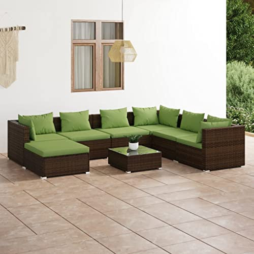 Kissen,8-teiliges Terrassen-Lounge-Set mit Kissen, Polyrattan, braunes Terrassenmöbel-Set, Terrassenmöbel-Set, Terrassentisch und Stühle-Set, geeignet für Garten, Wohnzimmer, Pool.