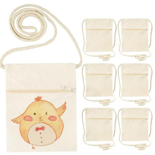 6 Stück Stoffbeutel zum Bemalen für Kinder, 18 x 12 cm Beige Brustbeutel Kinder,Blanko Kleine Stofftaschen zum Bemalen mit Reißverschluss für Party Kindergarten und Schule