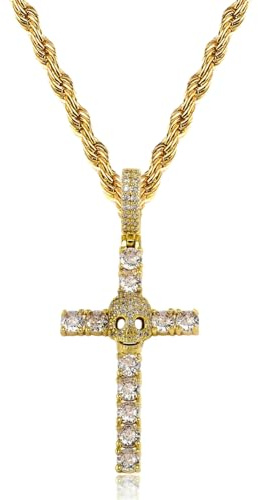 ICEDIAMOND 14K Vergoldung Schädel Kreuz Iced Out Anhänger mit 20'' Seilkette, Krappenset 5A Brillantschliff CZ Diamant Charm Halskette für Männer Frauen (Gold)