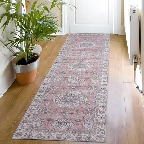 Taleta ALU Waschbarer Flurläufer Teppich Lang Rosa 80x300cm rutschfest Vintage Carpet Weicher Niederflor Küchenläufer für Flur Eingang Wohnzimmer