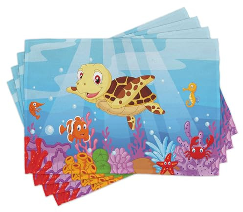 ABAKUHAUS Schildkröte Platzmatten 8 Stück, Lustige entzückende Cartoon-Art-Unterwassermeerestier-Baby-Schildkröte und Fisch-Sammlung, Waschbare Stoff Esszimmer Küche Tischdekorations, Blau Mehrfarbig