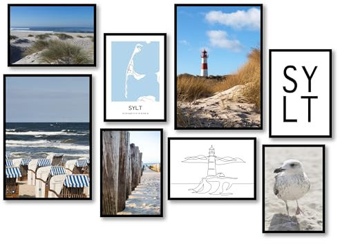 MJ-GRAPHICS® - Nordsee Wandbilder Wohnzimmer Sylt Meer Strand Natur Poster, 2x A3 & 6x A4, Bilder Wohnzimmer, Bilder Schlafzimmer, Leinwandbild, Wandbilder Schlafzimmer, Wanddeko ohne Rahmen