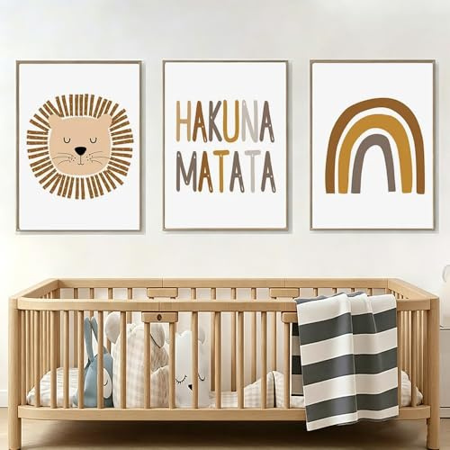 BeiYiHo 3 Boho Bilder Kinderzimmer Hakuna Matata Löwe Regenbogen 30x40 Poster Babyzimmer Junge Bilder Babyzimmer Beige Wandbilder Baby Junge Leinwand Deko Kinder Zimmer Kunstdrucke Geschenk