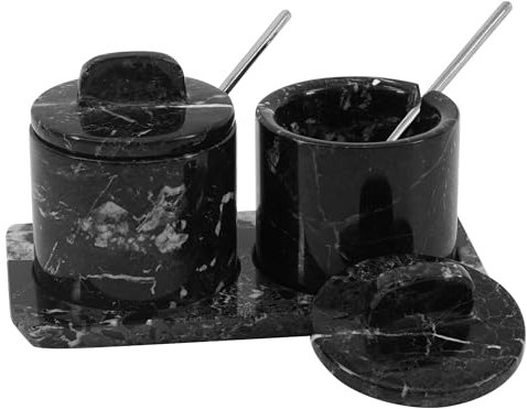 SPESHSTONES Saliera in marmo con coperchio e vassoio, 10,2 cm, nera traballante, per decorare il tavolo da pranzo, set di 2 contenitori per condimenti, barattoli per spezie e zuccheriera con cucchiaio
