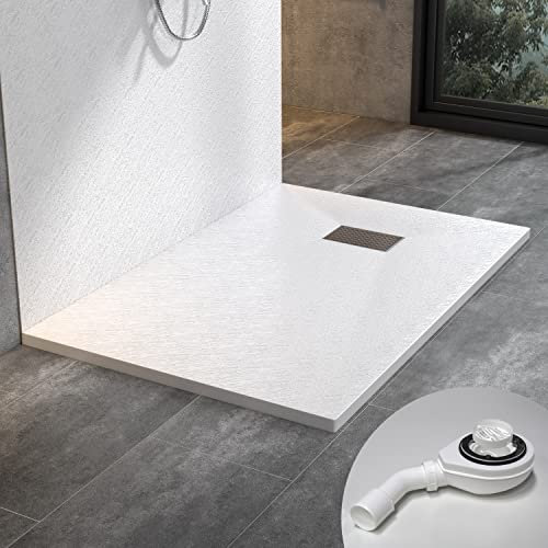 WITEN&NOCK Duschwanne 100x90 cm SMC Brausewanne weiß Steinoptik Antirutsch Duschtasse Höhe 3,2 cm Extraflach Brausetasse mit Anlaufgarnitur und Edelstahl-Abflussrinne