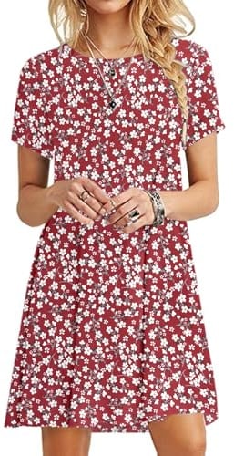 MOLERANI Summer Dresses for Women UK Casual T-Shirt Dress Short Sleeve Ladies Beach Dress (2XL, Red Flower)