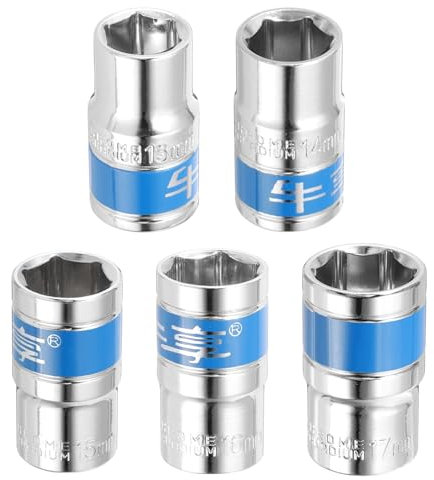 sourcing map 5pcs 1/2 Inch Drive 6-Point Socket 13-17mm CR-V Metric Shallow Socket Electric Wrench Socket for Mechanical Auto Repair, Silver Tone & Blue