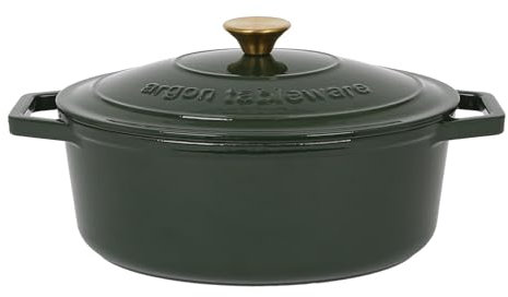 Argon Tableware 4.68L Oval Cast Iron Casserole Dish with Self-Basting Lid - Green - 1x Induction Hob Cooking 4.84QT Dutch Oven Bread Baking Serving Roasting Stew Stock Pot Cookware Pan