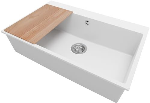 PRIMAGRAN Lavello da Cucina Bianco 78x50cm, Lavandino da Cucina a 1 vasca + Sifone Classico + Tagliere, Lavabo da Cucina Incasso al mobile 80cm - Riga