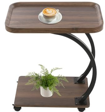 Beistelltisch mit 360° Abschließbaren Rädern, C-förmiger Couch Kaffeetisch Kleiner Tisch, 2 Etagen Laptop Couchtisch für Wohnzimmern Schlafzimmern Bücherbars Cafe, 52 x 34 x 60 cm (Walnuss Farbe)