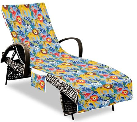 Lion Tigers Affe Terrassen-Lounge-Stuhlhussen weich stabil Outdoor Chaiselongue mit Taschen für Pool, Sonnenbad, Strand, Garten, 215,9 x 76,2 cm