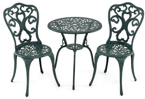 GIANTEX 3 TLG. Bistro Set, Bistrotisch mit 2 Stühlen, Gartenmöbel Set Aluminiumguss, Balkonset wetterfest, Runder Gartentisch, Balkonmöbel Terrassenmöbel Outdoor, Garten Sitzgruppe Gartengarnitur