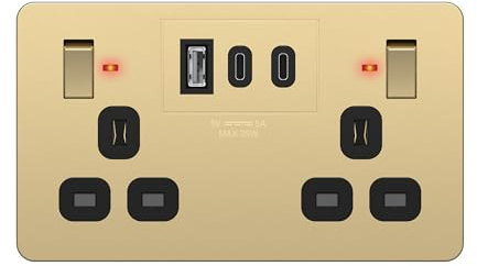LIDER 2-Gang Switched 13A Socket with USB TYPE C & A Ports, LED Power Indicator, Always-On USB Ports, 25W Combined Output, Child Safe, UKCA Certified, Gold (Use a 35mm-deep back box)