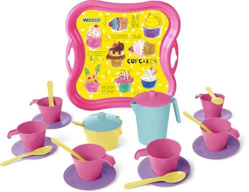 Wader 22111 - Kaffee und Tee Set für 6 Personen auf Tablett, 24 Teile, Größe ca. 28 cm, für Kinder ab 12 Monaten, geeignet für Mikrowelle und Spülmaschine