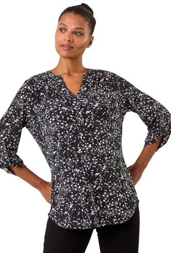 Roman Originals Shirt for Women UK Ladies Top Collarless Blouse Stretchy Tunic Smart Casual Autumn Winter Jersey 3/4 Length Sleeve Notch V Neck Flattering Office Work - Speckled Grey - Size 18