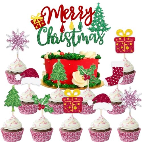 SANYUANHE 25 Stück Rote Weihnachtskuchendekoration，Merry Christmas Cake Topper，Weihnachtsmann Torten Dekoration，Weihnachtsbaum Tortenaufleger，Kinderfreundliche Kuchendekoration Weihnachten Geschenkset