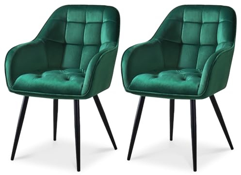 ELUCHANG Kitchen Dining Chair Set of 2 with Arms, Backrest, Velvet Thick Padded Upholstered, Vanity Chair, for Dining Room, Living Room, Dressing Table, Lounge, Green