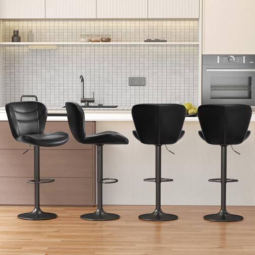 YUUIJOAA 4er Set Barhocker, Barhocker Höhenverstellbar mit Rückenlehne und Fußstütze, 360° Drehbarer Barstuhl mit Lehne, PU-Leder, Barstuhl für Küche,Bar, Esszimmer, Schwarz