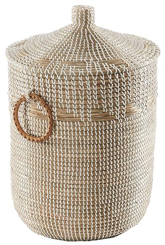 Kobolo Schlangenkorb WOMA WHITE aus Seegras | Ø 42 cm, H 65 cm | handgeflochtener Aufbewahrungskorb mit Deckel beige | Wäschekorb | Deko Korb | aus Naturmaterial für Wäsche, Spielzeug, Zeitschriften