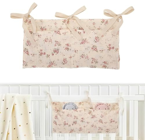 ARYIMYDP Organizer fürs Kinderzimmer, Baumwoll Bett Tasche zum Aufhängen, Großer Baby Bett Organizer mit Weiten Taschen, Weich und Farbecht, Perfekt zur Aufbewahrung von Schnullern und Kuscheltieren