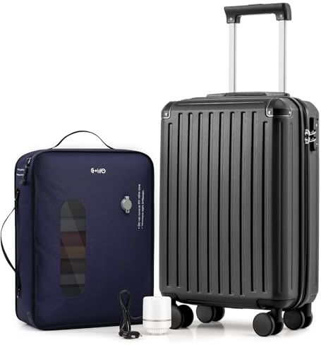 COOLIFE Ryanair Vakuum Handgepäck Koffer 55X35X20cm + Vakuumbeutel für Kleidung +60% mit Pumpe | ABS+PC Hartschalenkoffer mit TSA-Schloss und 4 Zwillingsrollen Für Easyjet, Große Reise