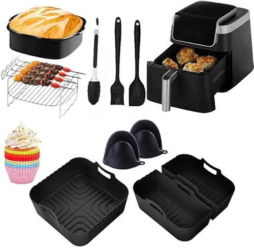 Air Fryer Accessories for Cosori Turbo Tower/Pro 5L, Reusable Dual Silicone Air Fryer Liners Racks Set including Cake & Pizza Pan Skewer Rack Silicone Liners Paper Liners air fryer accessories