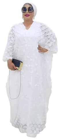 HD Afircan Women Applique Flower Dress Boat Neck Caftan Chiffon Gown One Size