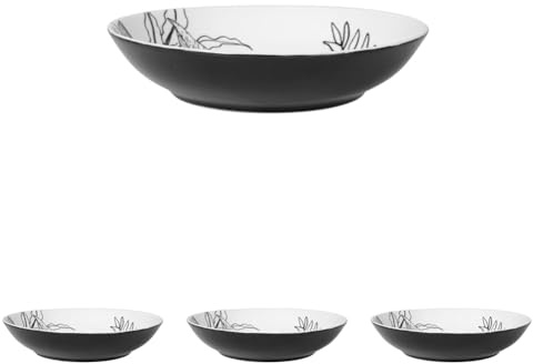 GENEVIEVE LETHU 536132 Assiette Creuse en Porcelaine Blanche Ø 20 cm - Collection ESQUISSES VEGETALES - Décor Végétal Noir (Lot de 4)