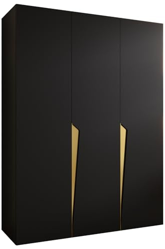 MEBLE KRYSPOL - Kleiderschrank - Garderobenschrank - 150 cm x 202 x 52 cm - Schrank mit Kleiderstange, 3 Türen - für Schlafzimmer, Flur - Piano, Schwarz, Griff Gold