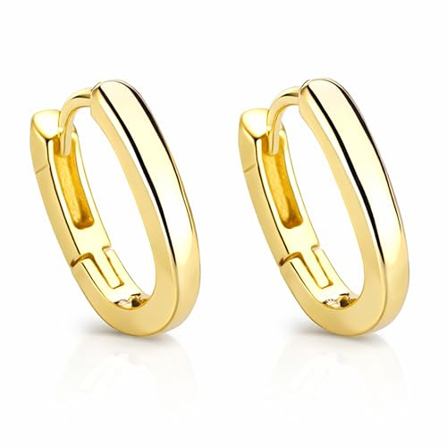 LÖB 750 Gold vergoldet Creolen Oval Ohrringe 14mm Einfach Klein Klassisch Damen Huggie Elegant Eckig Geometrisch Minimalistisch Layering Damen Herren