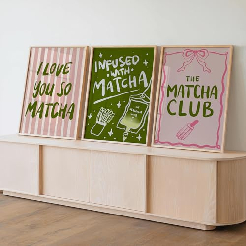 Xiyocadt 3er Poster Set, Matcha Club Küche Wandbilder Kunstdruck Bild, Vintage Aesthetic Bilder für Küche Wohnzimmer Schlafzimmer Deko, Ohne Rahmen (30x40cm)