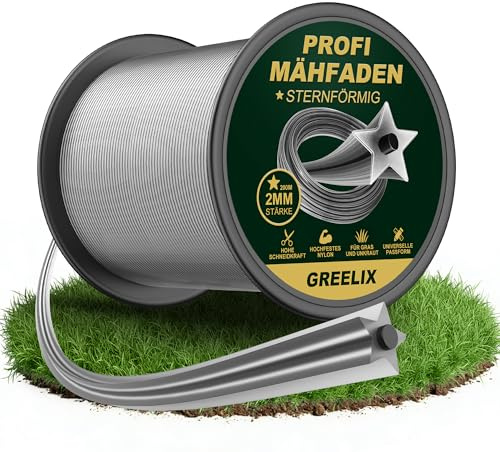 GREELIX Trimmerfaden 2mm x 200m, Sternform Mähfaden | Trimmerfaden Nylon für Rasentrimmer & Motorsense, Verstärkung Freischneider Faden, Sauberer Schnitt