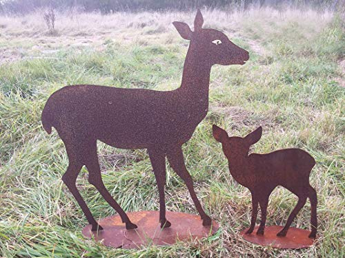 2er Set Stehendes REH MIT REHKITZ Kitz Hirsche Rehe Rost Edelrost Metall Tier + Original Pflegeanleitung von Steinfigurenwelt