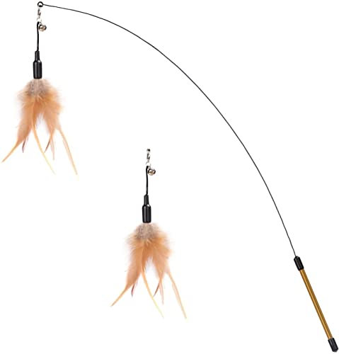 Pawaboo Cat Game Duster Fishing Rod with Extra Large 88cm Wand and Small Bell, Cat Kitten Feather Duster Toy, Chaser Wire Toy Stick, Brown Feather
