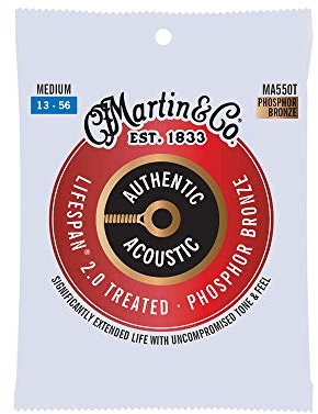 MARTIN Cuerdas para guitarra acústica, Lifespan 2.0 Medium 13-56, 98/2 Fósforo Bronce (MA550T)