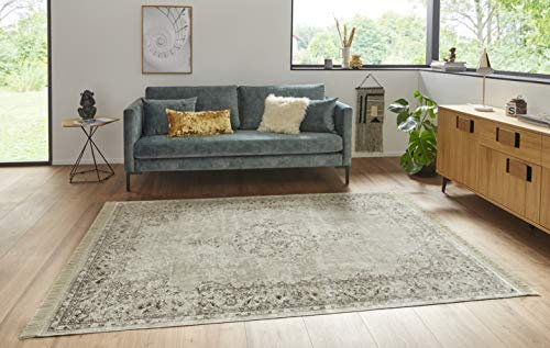 Nouristan Orientalischer Teppich – Wohnzimmerteppich mit Fransen Oriental Vintage Medaillon Naveh Samt-Teppich für Wohnzimmer, Schlafzimmer, Esszimmer, Küche, Flur – Creme, 160x230cm