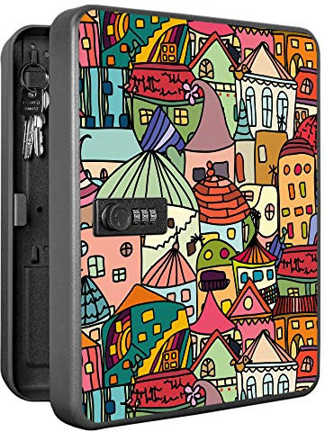 banjado Burg-Wächter abschließbarer Schlüsselkasten für 36 Schlüssel/Schlüsselkasten mit Zahlenschloss 24x30x8cm groß/Schlüsselschrank aus Stahlblech schwarz/Motiv Funky Town