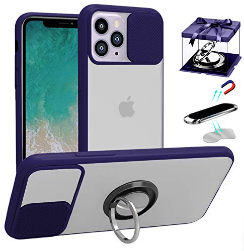 Hülle Kameraschutz kompatibel mit iPhone 11 Pro Max,[Slide Kameraschutz] [mit 360 Grad Ring Ständer & Magnetische Handyhalterung für Auto & 2PCS Metall Plate]Matte Translucent weich Kanten Handyhülle